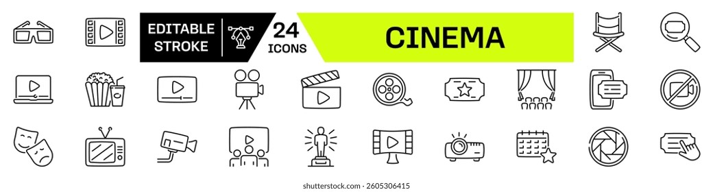 Cinema icon set. Linear style. Editable Stroke.