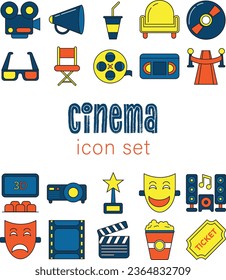 Cinema icon set. Movie element sticker vectors. Camera,  3D glasses, film reel, popcorn, ticket, movie theater, prize, sound system, clapperboard, red carpet, tape, director chair. Illustration set.