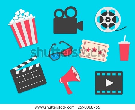 Cinema icon set. Open clapper board Popcorn box Movie reel Ticket Admit one three stars. Soda glass straw, camera, 3d glass, loud speaker, film strip. Simple Flat design. Blue background. Vector