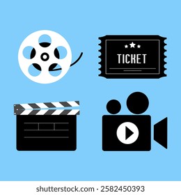 Cinema icon set. Play, start, pause, film camera, handycam, clapperboard, movie, ticket, streaming or online video. Vector illustration