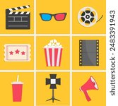 Cinema icon set. Popcorn box Movie reel Open clapper board Ticket Admit one three stars. Soda glass straw, film strip, 3d glass, light projector, loud speaker. Yellow background. Flat design. Vector