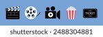Cinema icon set. Popcorn box package big movie reel. Open clapper board. Ticket Admit one. Cinema icons vector set. Movie, film, video and more icon for apps and websites, symbol.