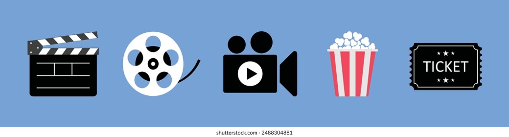 Cinema icon set. Popcorn box package big movie reel. Open clapper board. Ticket Admit one. Cinema icons vector set. Movie, film, video and more icon for apps and websites, symbol.