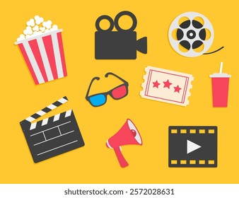 Cinema icon set. Popcorn box Movie reel Open clapper board Ticket Admit one three stars. Soda glass straw, camera, 3d glass, loud speaker, film strip. Simple Flat design. Yellow background. Vector