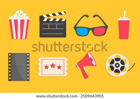 Cinema icon set. Popcorn box Open clapper board Movie reel Ticket Admit one three stars. Soda glass straw, film strip, 3d glass, loud speaker. Simple Flat design. Yellow background Vector illustration