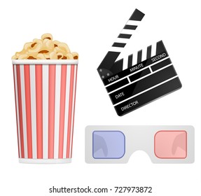 Cinema icon set, popcorn, clapper board, 3d glasses. Vector illustration.