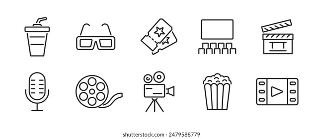 Conjunto de iconos de cine. Iconos de la línea del teatro. Ilustración vectorial.