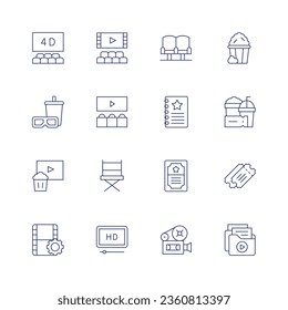 Cinema icon set. Thin line icon. Editable stroke. Containing d cinema, cinema, director chair, film reel, hd film, movie seat, pop corn, script, snacks, ticket, tickets, video camera, video files.