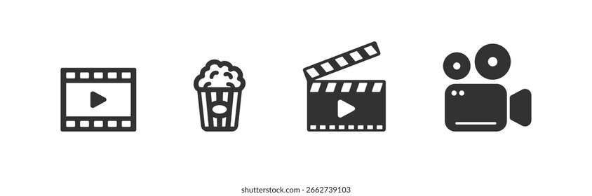 Kinosymbolsatz. Ticket für Video oder Theatervorführung mit Popcorn. Kinoausstattung.