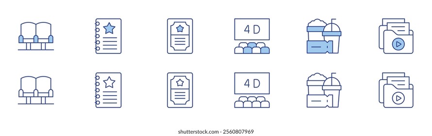 Cinema icon set in two styles, Duotone and Thin Line style. Editable stroke. 4d cinema, movie seat, script, snacks, ticket, video files.