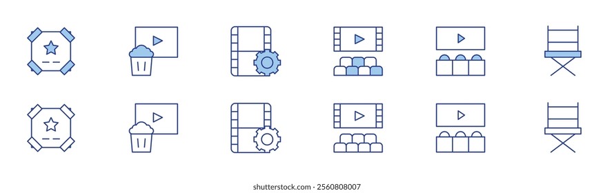 Cinema icon set in two styles, Duotone and Thin Line style. Editable stroke. movie poster, cinema, director chair, film reel.