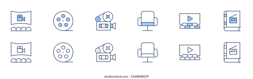 Cinema icon set in two styles, Duotone and Thin Line style. Editable stroke. seat, cinema, film reel, video camera.