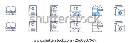 Cinema icon set in two styles, Duotone and Thin Line style. Editable stroke. 4d cinema, movie seat, script, snacks, ticket, video files.