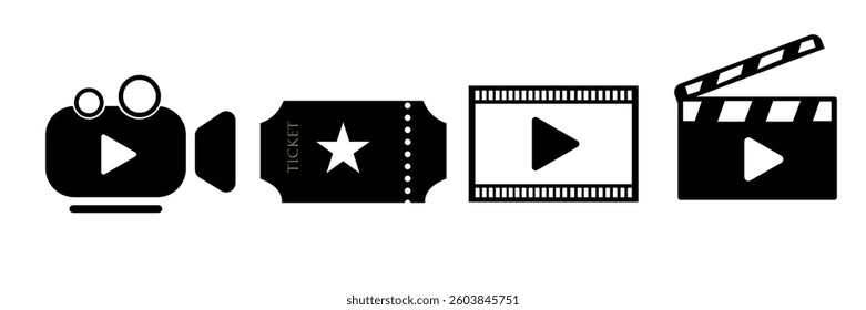 Cinema icon set.Open clapper board. Ticket Admit one. Cinema icons vector set. Movie, film, video and more icon for apps and websites, symbol.