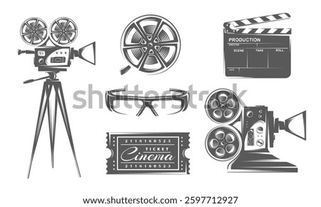 Cinema icon vintage set isolated on white background. Design element logo label emblem: film, camera, reel, ticket, strip, clapperboard. Cinema templates sign. Vector illustration