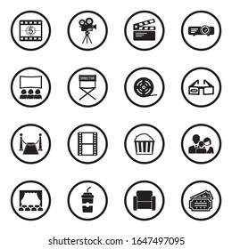 Iconos de cine. Diseño Plano Negro En Círculo. Ilustración vectorial.