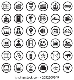 Cinema Icons. Black Flat Design In Circle. Vector Illustration.