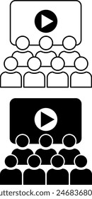 Cinema icons. Black and White Vector Icons. People Watch Movies on the Big Screen. Cinema. Concept of Film Industry, Filmmaking and Video Production