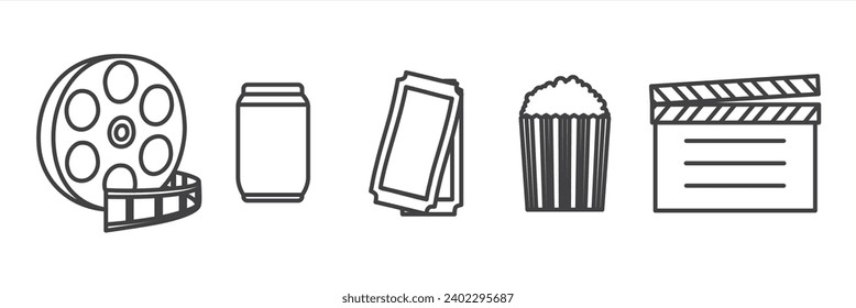 Cinema icons collection. Movies vector. Movie elements. Simple Cinema movie signs. Isolated Cinema movie on transparent background.