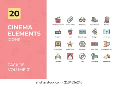 Cinema icons Collection. Set contains such Icons as Film Clapperboard, Cinema Tickets, Cassette Tape, Hd Screen, and more.