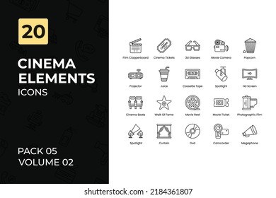 Cinema icons Collection. Set contains such Icons as Film Clapperboard, Cinema Tickets, Cassette Tape, Hd Screen, and more.