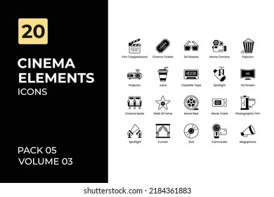 Cinema icons Collection. Set contains such Icons as Film Clapperboard, Cinema Tickets, Cassette Tape, Hd Screen, and more.