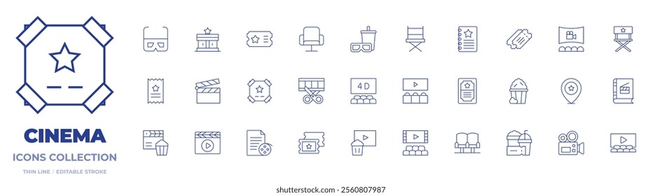 Cinema icons collection. Thin Line icons, editable stroke. d glasses, cinema, movie poster, photographic film, seat, ticket, d cinema, director chair, pop corn, script, tickets.