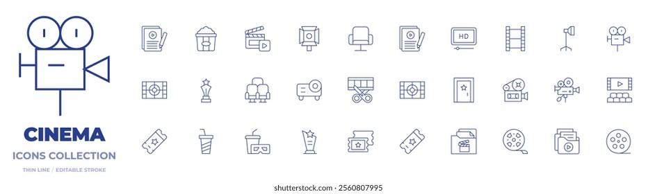 Cinema icons collection. Thin Line icons, editable stroke. door, chair, clapperboard, movie, photographic film, projector, script, seat, spotlight, popcorn, trophy, hd film.