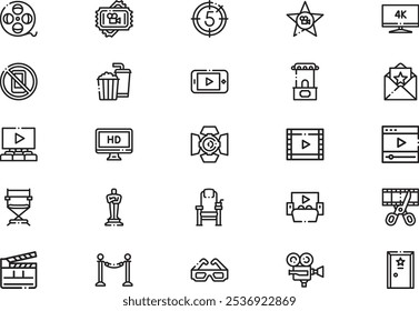 Cinema icons collection is a vector illustration with editable stroke.