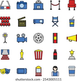 Cinema Icons Color Outline Style Collection