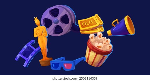 Cinema icons composition with golden Oscar trophy statue, film tape piece and roll on reel, two ticket for movie and 3d glasses, popcorn in paper bucket and megaphone on dark blue background.