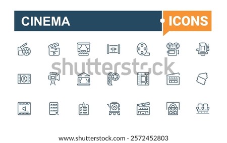 Cinema icons. Contains related to video, projector, movie, ticket, media, strip and more. Thin linear style icons. Vector illustration in modern line style.