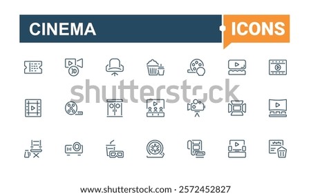 Cinema icons. Contains related to video, projector, movie, ticket, media, strip and more. Thin linear style icons. Vector illustration in modern line style.