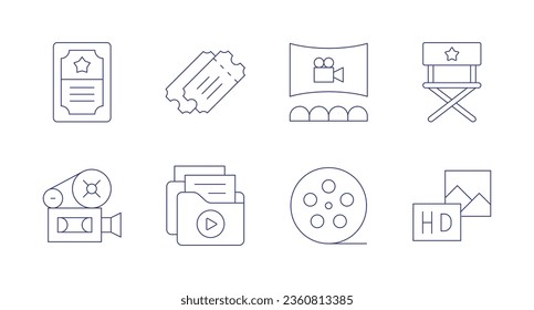 Cinema icons. editable stroke. Containing cinema, director chair, film reel, hd, ticket, tickets, video camera, video files.