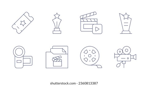 Cinema icons. editable stroke. Containing clapperboard, film strip, scenario, ticket, trophy, video camera.