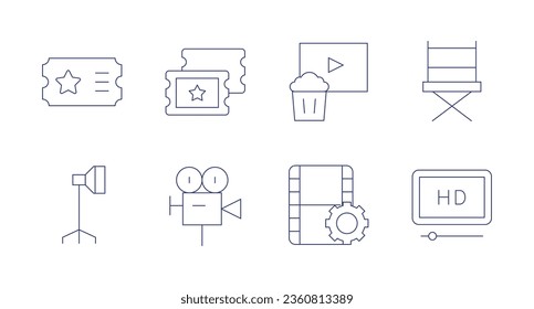 Cinema icons. editable stroke. Containing cinema, director chair, film reel, hd film, light, ticket, tickets, video camera.