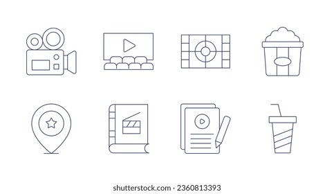 Cinema icons. editable stroke. Containing camera, cinema, movie, popcorn, script, soft drinks.