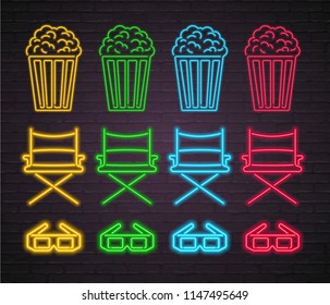 Cinema Icons Elements Set Neon Light Glowing Vector Illustration. Pop Corn, Cinema Chair and Glasses Symbol Bright