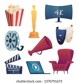 Cinema icons. Entertainment cartoon symbols 3d glasses snacks camera popcorn megaphone comedy masks clapper vector pictures