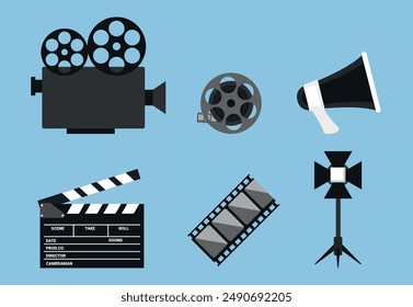 Cinema icons. Filmmaking equipment icon set. Video camera, film reel, clapperboard, film strip, loudspeaker, light projector. Vector illustration in flat style