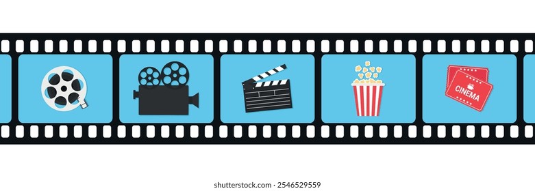 Cinema icons in filmstrip frames. Film reel, camera, clapperboard popcorn and cinema tickets. Vector illustration