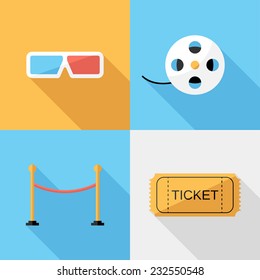 cinema icons. Flat design style modern vector illustration. Isolated on stylish color background. Flat long shadow icon. Elements in flat design.