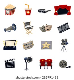 Cinema icons flat set with megaphone glasses ticket director chair isolated vector illustration