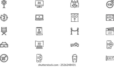 Cinema Icons Hochwertige Vektorsymbol-Kollektion mit bearbeitbarem Strich. Ideal für professionelle und kreative Projekte.