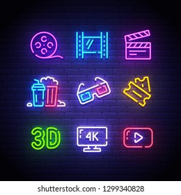 Cinema icons. Icon from cinema. Movie neon sign. Film, Popcorn, 3D glasses, Tickets, 4k film and Play icon. Vector Illustration