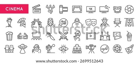 Cinema icons. Large set of cinema trendy minimal icons. Film, Clapper, Screen, Popcorn, Mask, Camera, Ticket icon. Design signs for web page, mobile app, packaging design. Vector illustration