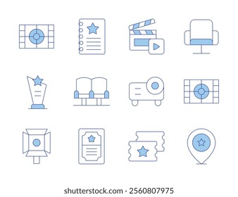 Cinema icons. Line Duotone style, editable stroke. clapperboard, movie, projector, spotlight, tickets, trophy, movie seat, script, ticket, seat, cinema.