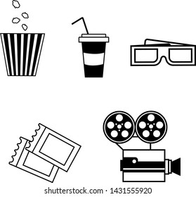 cinema icons line illustration popcorn, soda,ticket, 3d end camera