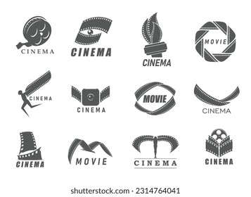 Iconos de cine, símbolos vectores de tiras de película para el premio cinematográfico y emblemas de producción de entretenimiento. Iconos de rollo de vídeo y de rollo de tiras de película de los medios o de los premios de televisión