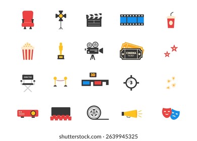 Cinema icons. Movie icon set. Isolated cinema vector set. Movie theater signs. 